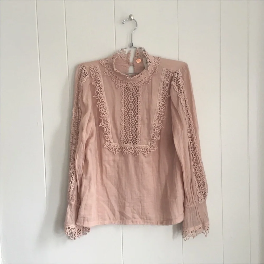 Free People One Blush Victoria Blouse Cut Lace Button Back Puff Sleeves Size S